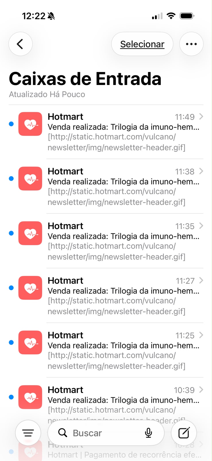 Sequência de vendas realizadas na Hotmart ao longo do dia